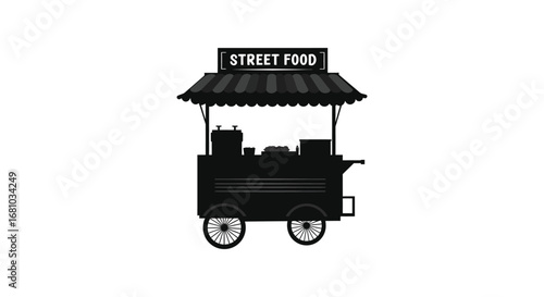 Street food cart with canopy and sign on wheels silhouette
