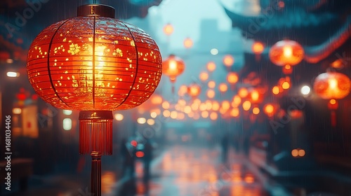 Illuminated chinese lantern in rainy street celebrating traditional culture and festivals