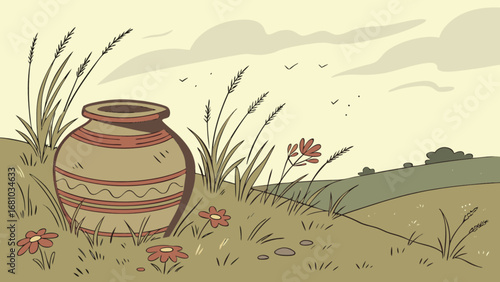 Vintage pottery vase in nature landscape illustration drawing vector art design background image stock graphic