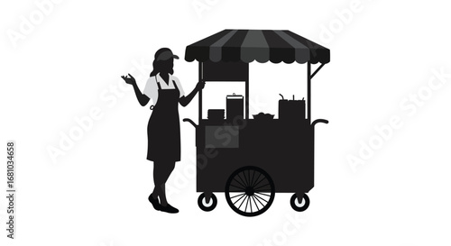 woman standing next to food cart with striped awning and dishes silhouette