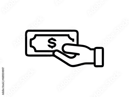 Hand holding dollar bill outline symbol isolated on transparent background