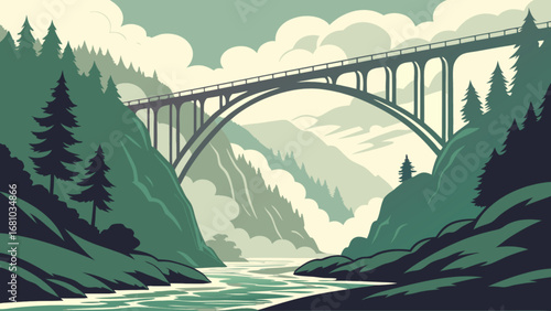 Scenic landscape illustration of a bridge over a river with mountains and trees background vector art