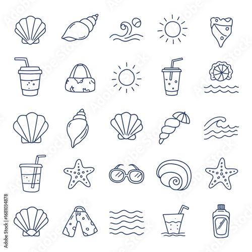 A large collection of hand-drawn summer vacation and beach life icons in a simple, sketchy line art style vector illustration