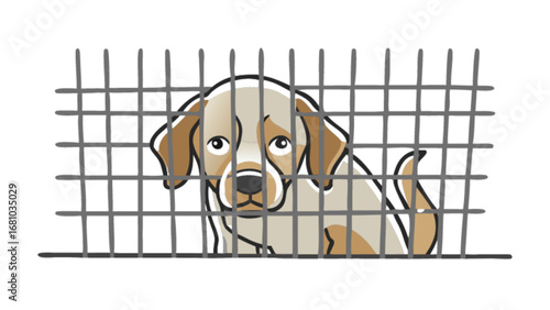 Sad puppy dog in cage looking for adoption and rescue shelter animal care and pet adoption services online