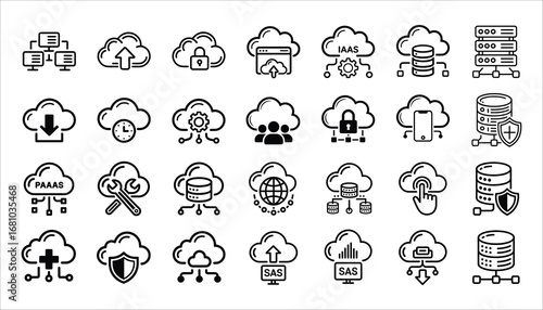 Cloud Computing Vector Icons. SaaS, PaaS, IaaS, Database, Hosting, Security, Storage