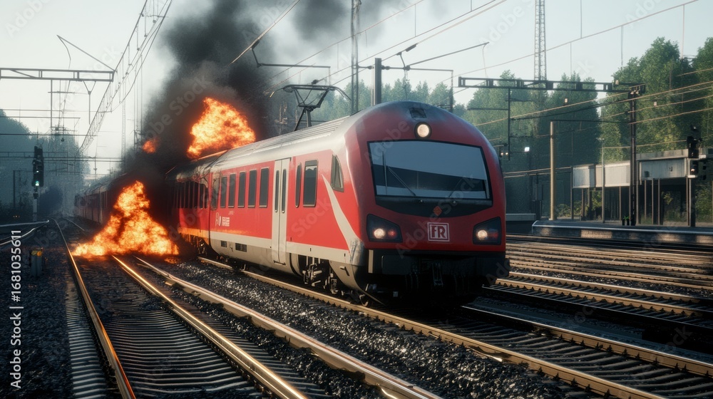 Fototapeta premium Train fire incident railway station news report urban environment side view emergency response analysis