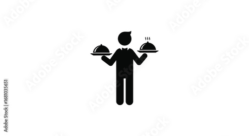 a black silhouette of a waiter carrying two covered dishes