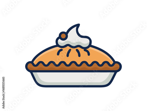 Sweet pie topped with whipped cream and cherry isolated