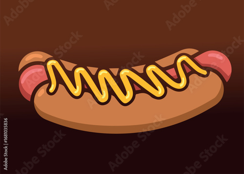 Realistic Hot Dog with Mustard in Cartoon Style. A delicious cartoon-style illustration of a hot dog with mustard on a brown background, emphasizing fast food culture.