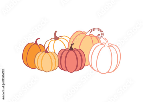 Collection of Stylized Pumpkins with Various Colors and Stems