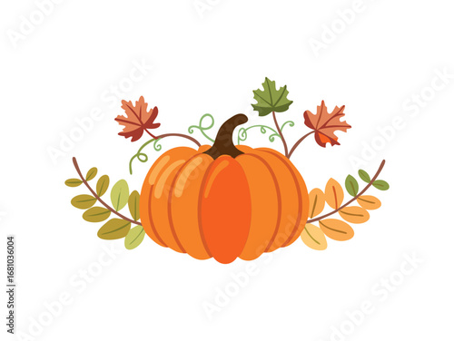 Orange pumpkin with autumnal leaves and vines decor