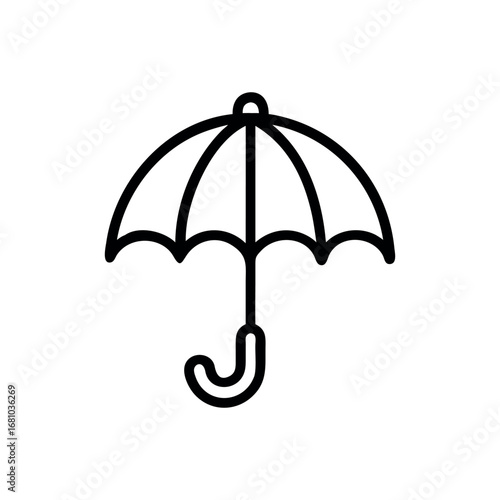 Black outline of an open umbrella with a curved handle on a transparent background