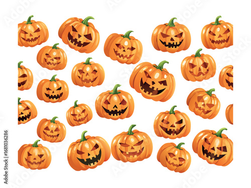 Spooky carved pumpkins scattered across transparent background