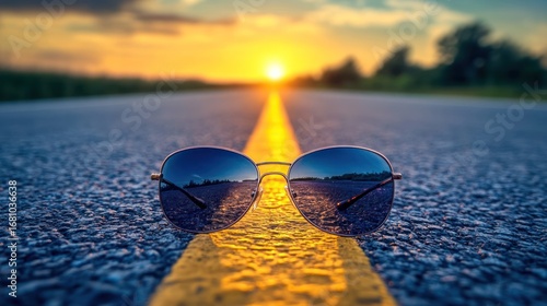 Wallpaper Mural Sunglasses on road at sunset;  reflection of sky in lenses. Possible use stock photo Torontodigital.ca