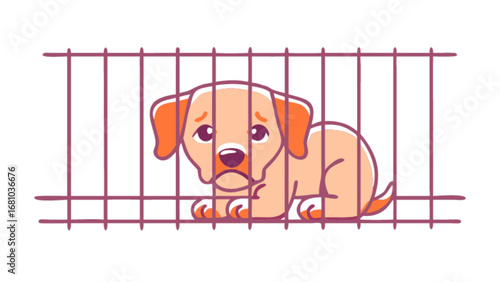 Sad puppy dog in cage adoption shelter pet rescue animal welfare lonely caged canine domestic illustration