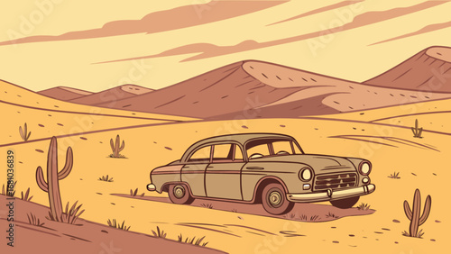 Vintage car driving through desert landscape illustration travel adventure scenic route road trip transportation