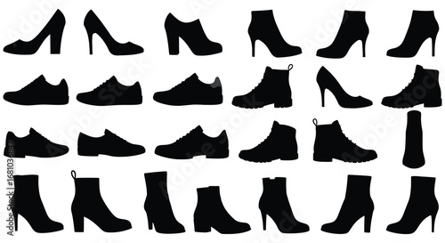 Collection of various black high heel shoes and boots silhouettes
