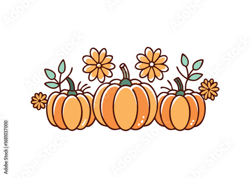 Whimsical trio of pumpkins adorned with flowers and leaves