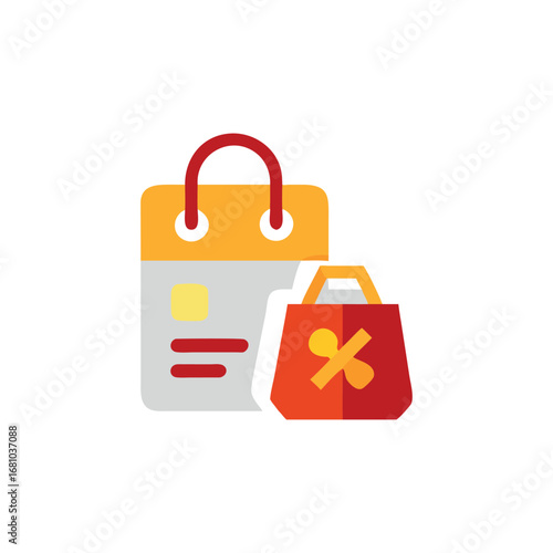 Two shopping bags with discount percentage symbol and calendar icon
