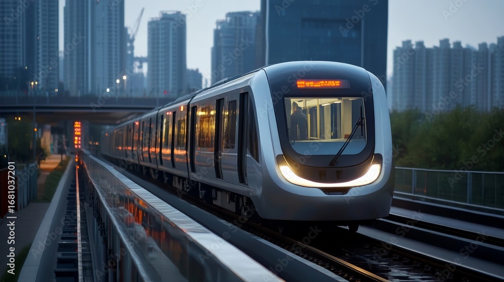 Naklejka premium Modern subway train departing at dusk urban cityscape transportation photography dynamic environment low angle view futuristic design
