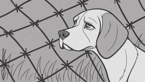 Sad beagle dog behind fence illustration vector art for pet adoption and animal rescue concepts and themes