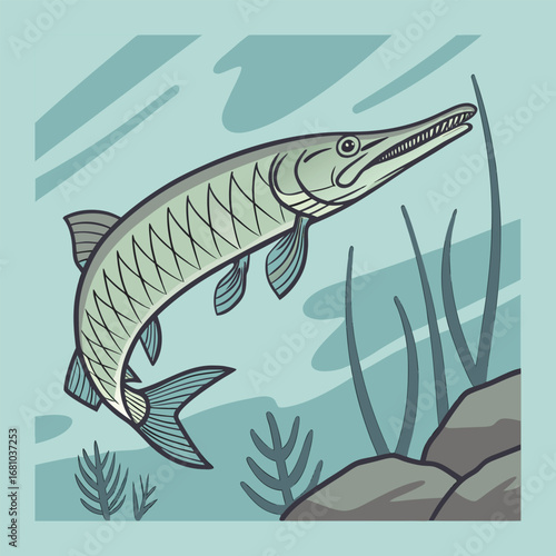 Alligator Gar Fish Cartoon Vector Illustration Isolated on White Background