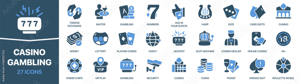 Naklejka premium Casino gambling fill icon collection. Set of icons about games and betting. Includes cards, chips, slots, lottery, dice, and poker