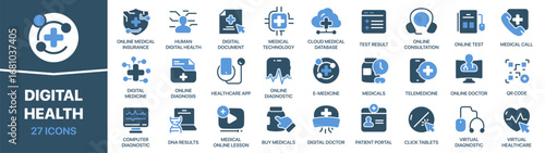 Digital health fill icon collection. Set of icons about online healthcare. Includes telemedicine, medical apps, diagnostics, doctors, and digital databases