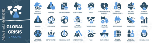 Global crisis fill icon collection. Set of icons representing worldwide problems. Includes disasters, pollution, economic issues, and natural catastrophes