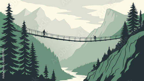 Suspension bridge hiking adventure in scenic mountains landscape with forest and river valley view nature art