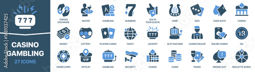 Casino gambling fill icon collection. Set of icons about games and betting. Includes cards, chips, slots, lottery, dice, and poker