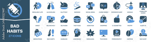 Bad habits fill icon collection. Set of icons about unhealthy lifestyle. Includes smoking, alcohol, drugs, gambling, overeating, and addiction