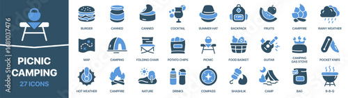 Picnic and camping fill icon collection. Set of icons about outdoor leisure. Includes food, camping gear, fire, backpack, barbecue, and summer activities