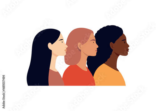 Three diverse women in profile side view with stylized features and hairstyles