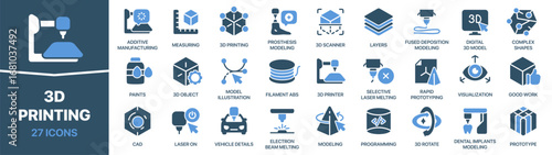3D printing fill icon collection. Set of icons about additive manufacturing. Includes printers, models, scanning, layers, prototyping, and digital production