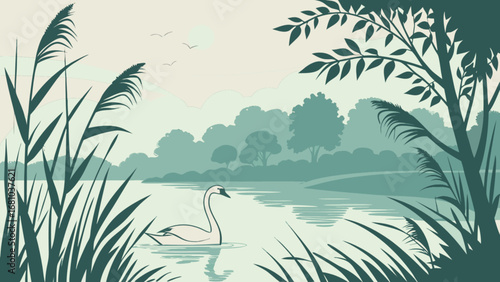 Swan lake illustration vector art drawing of elegant swan on lake with forest and reeds landscape background