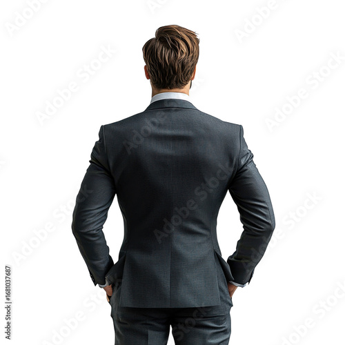 Businessman in a suit stands with his back to the viewer against a showcasing professional attire and confident posture for success on transparent background