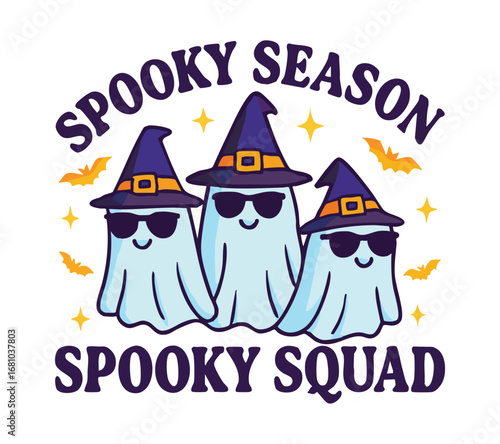 Three cute ghosts wearing witch hats and sunglasses with bats and stars halloween