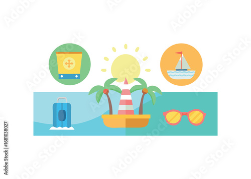 Vacation essential items arranged on a turquoise surface with a light blue sea