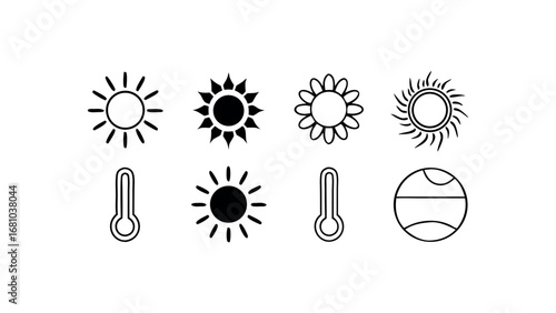 Set of celestial body and thermometer icons in black outline on transparent background