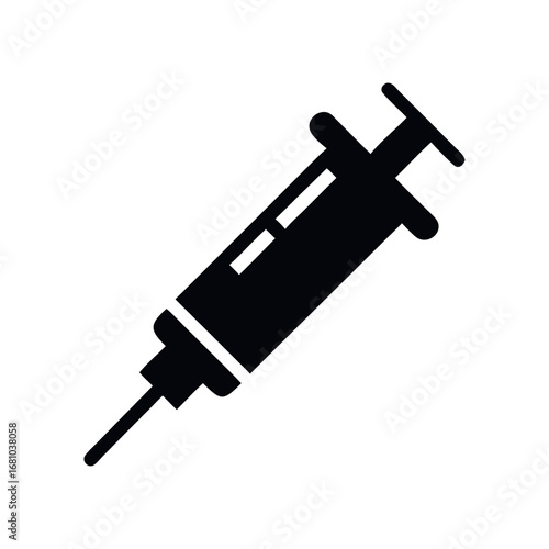Black Syringe Icon with Needle on Transparent Background