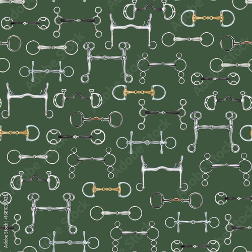 Equestrian seamless pattern with hand drawn horse riding equipment, snaffle bits and curb bits placed horizontally on green background
