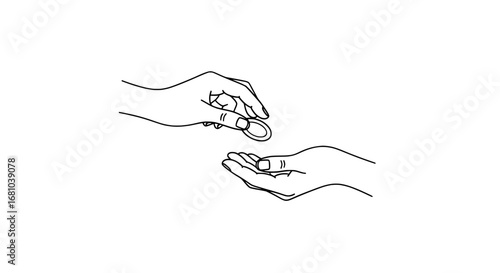 Generous hand passing coin to open palm, symbolize giving