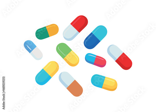 Scattered Colorful Medicine Capsules on Transparent Background