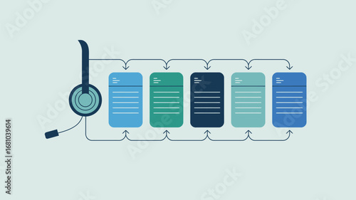 Headset connected to a chain of colorful document icons representing a communication workflow process