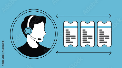 A customer service representative with tickets and arrows on a light blue background illustration