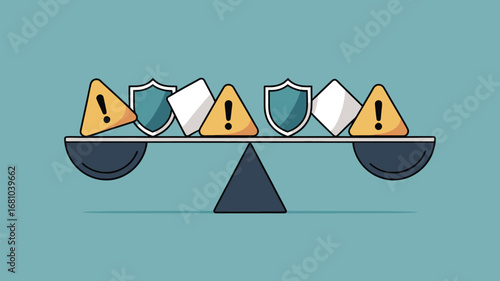 A balanced scale with warning signs, shields, and white squares representing risk and security balance