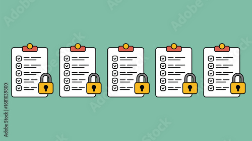 Five clipboards with checklists and padlocks representing secure data and task management system design