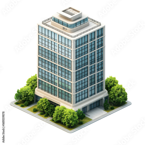 Isometric view of a modern office building with glass windows and green trees around it showcasing architectural design and urban planning in detail on transparent background