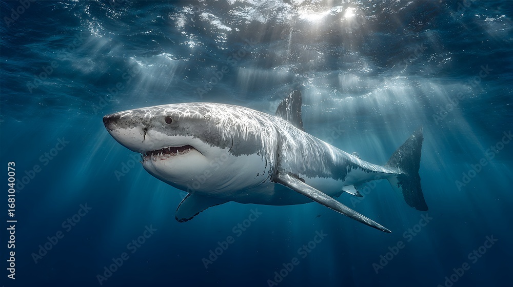 Fototapeta premium Majestic great white shark swims gracefully through the deep blue ocean waters with sun rays shining above.